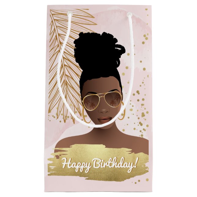 Petit Sac Cadeau Joyeux anniversaire, rose & or, Tropical (Devant)