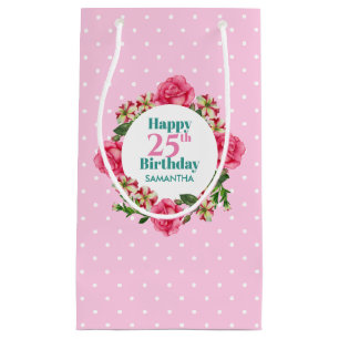 Petit Sac Cadeau Joyeux Anniversaire Rose Rouge Blanc Pétunia Polka