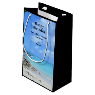 Petit Sac Cadeau Joyeux Anniversaire sur une magnifique plage tropi