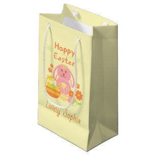 Petit Sac Cadeau Joyeux lapin rose de Pâques