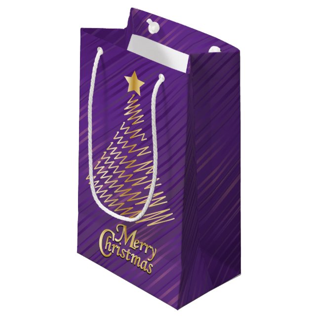 Petit Sac Cadeau Joyeux Noël Festif violet et arbre d'or (Devant Angle)