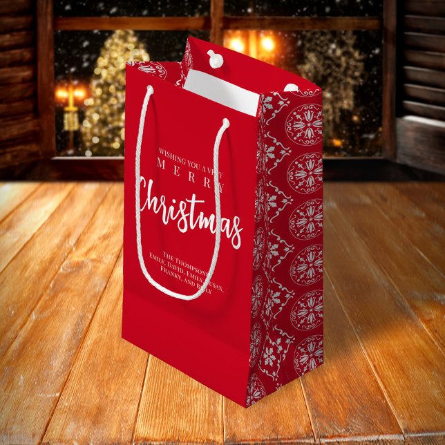 Petit Sac Cadeau Joyeux Noël mignon Whimsical Red Snowflake (Merry Christmas holiday red snowflake gift bag. )