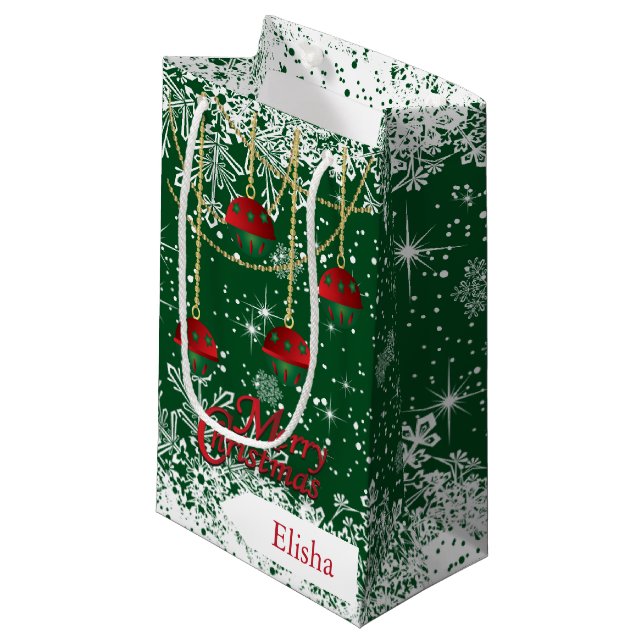 Petit Sac Cadeau Joyeux Noël Rouge, Vert et Or Ornements (Devant Angle)