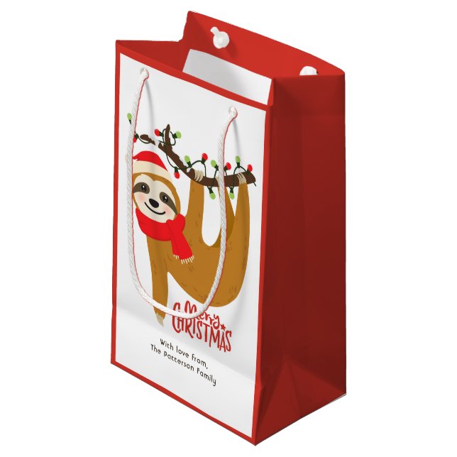 Petit Sac Cadeau Joyeux Noël Sloth | Jours fériés Nom personnalisé (Devant Angle)