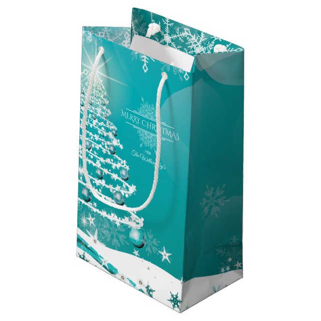 Petit Sac Cadeau Joyeux Noël Snowflakes Arbre Fleurs & Étoiles (Dos Angle)