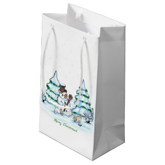 Petit Sac Cadeau Joyeux Noël ! Snowman avec chat et chiot