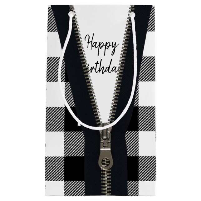 Petit Sac Cadeau Joyeux Zipper Anniversaire Sur Buffalo Plaid (Devant)