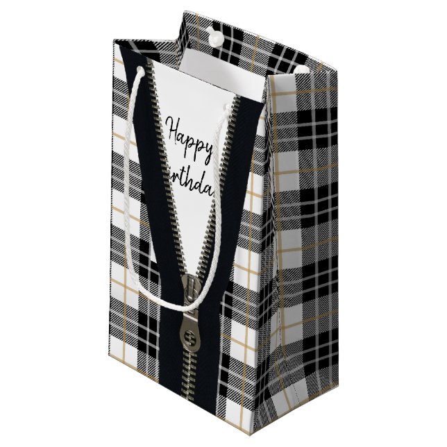 Petit Sac Cadeau Joyeux Zipper Anniversaire Sur Tartan Plaid (Devant Angle)