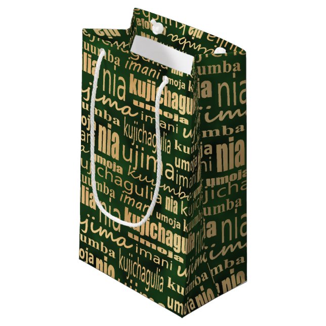 Petit Sac Cadeau Kwanzaa Sept Principes (Vert/Or) (Devant Angle)