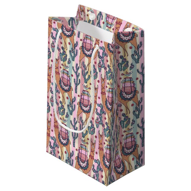 Petit Sac Cadeau Lamas sur le motif de rayures (Devant Angle)