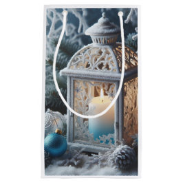Petit Sac Cadeau Lanterne blanche et bleue en hiver