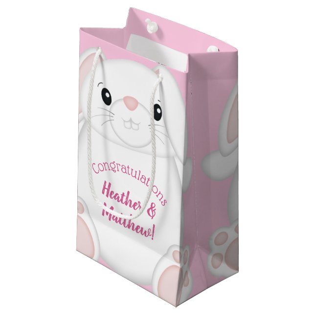 Petit Sac Cadeau Lapin Baby shower rose (Devant Angle)