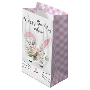 Petit Sac Cadeau Lapin d'anniversaire avec Fleurs et En vichy