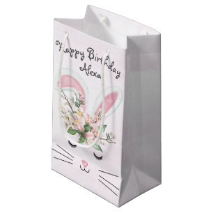Petit Sac Cadeau Lapin d'anniversaire avec fleurs sur rose