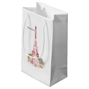 Petit Sac Cadeau Le rose girly vintage fleurit Tour Eiffel de Paris