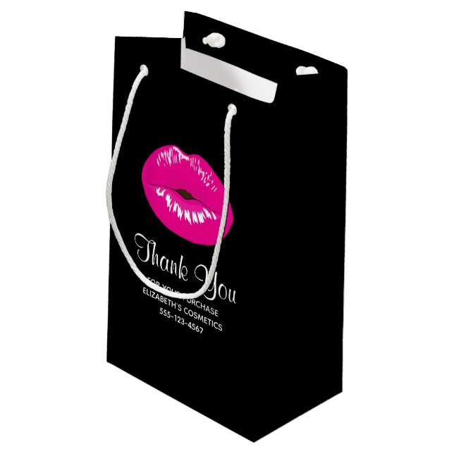 Petit Sac Cadeau Lèvres brillantes rose chaud sur le Merci noir aff (Dos Angle)