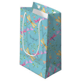 PETIT SAC CADEAU LIBELLULES A L'AQUARELLE BLEU ROSE JAUNE