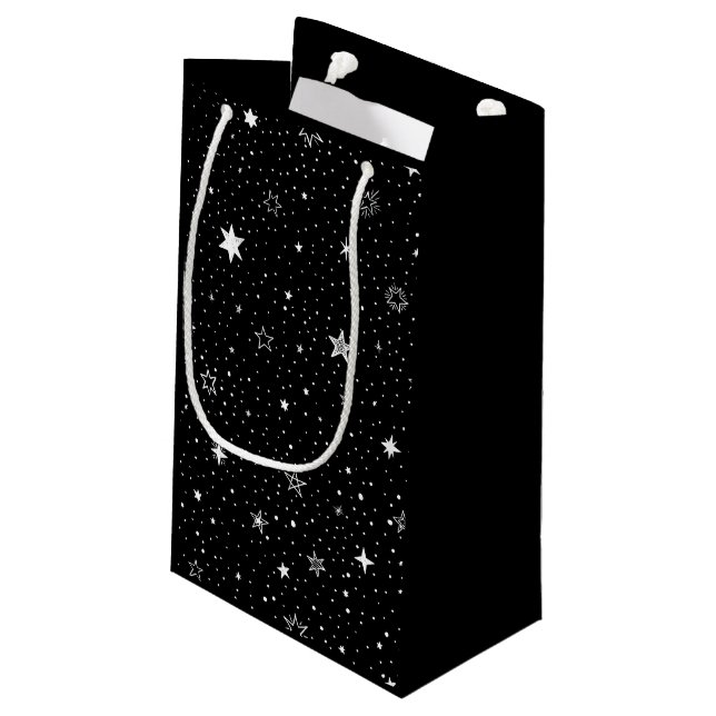 Petit Sac Cadeau Main Blanche Tirée Étoiles Sur Noir (Dos Angle)