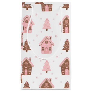 Petit Sac Cadeau Maisons en Pain d'Épices Rose - Noël Gourmand