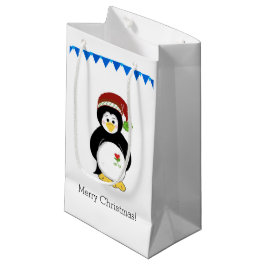 Petit Sac Cadeau Manchot avec un chapeau de Père Noël