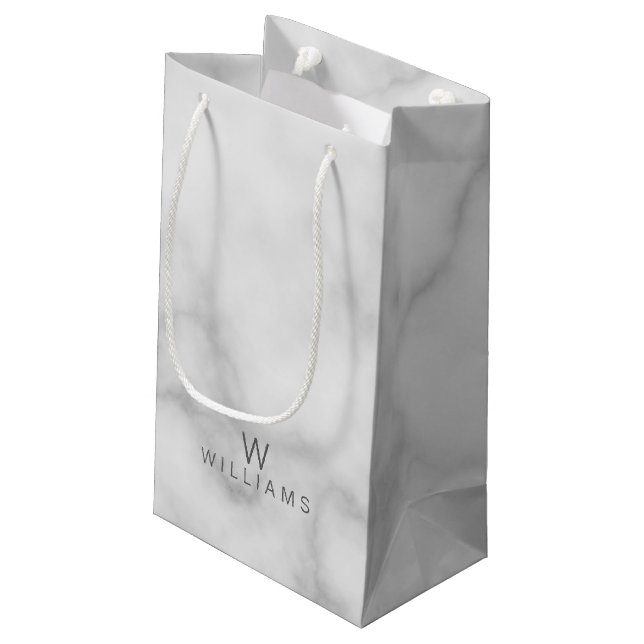 Petit Sac Cadeau Marbre blanc avec monogramme et nom personnalisés (Dos Angle)