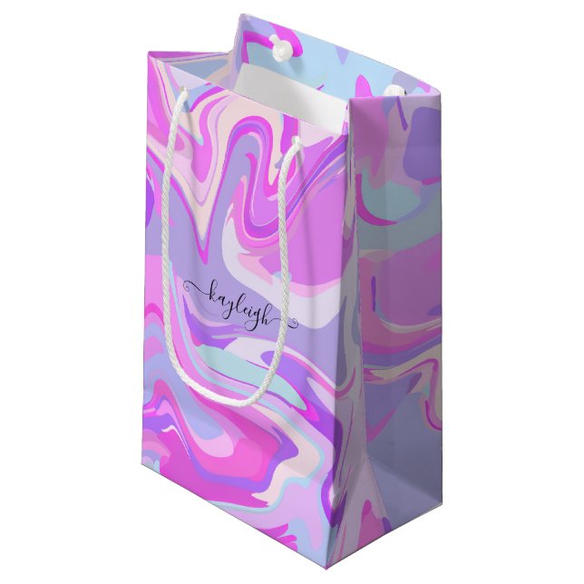 Petit Sac Cadeau Marbré rose violet Turquoise (Devant Angle)