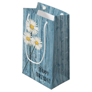 Petit Sac Cadeau Marguerites D'Anniversaire Sur Bois Bleu