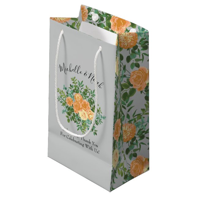 Petit Sac Cadeau Mariage Floral Printanier Gris Pêche (Devant Angle)