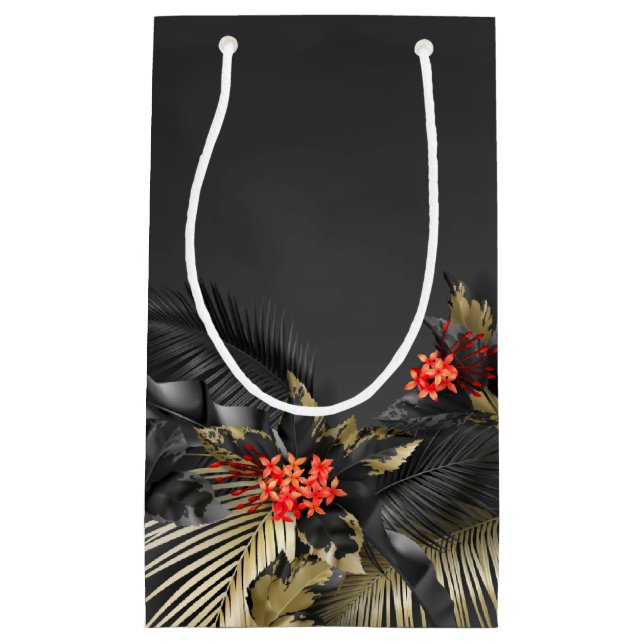 Petit Sac Cadeau Mariage Tropical Noir et Or (Devant)
