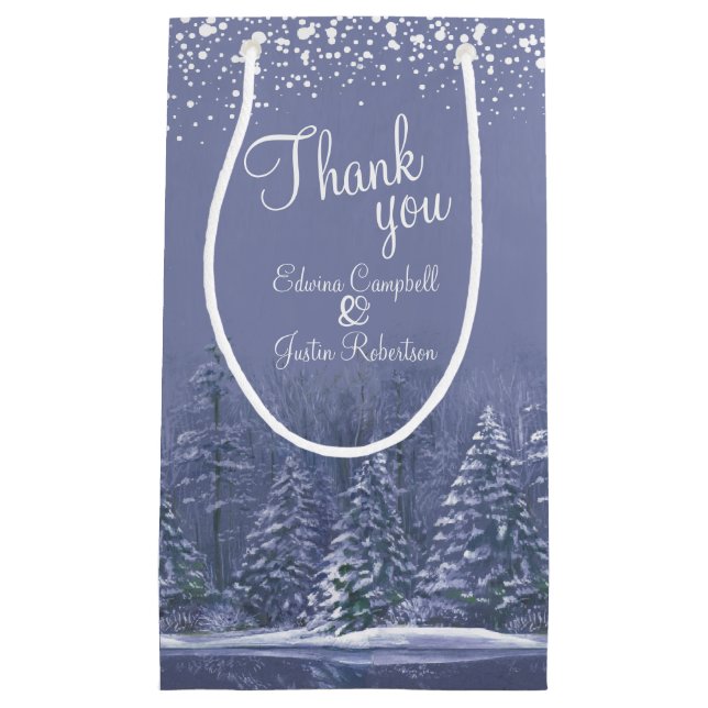 Petit Sac Cadeau Mariages d'hiver pins bleu art merci (Devant)