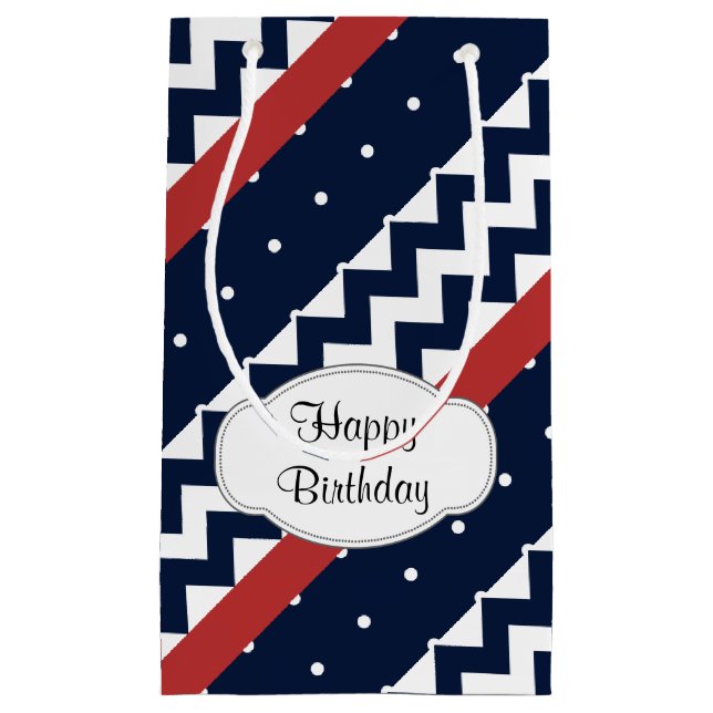 Petit Sac Cadeau Marine personnalisée et blanc Chevron ZigZag (Devant)