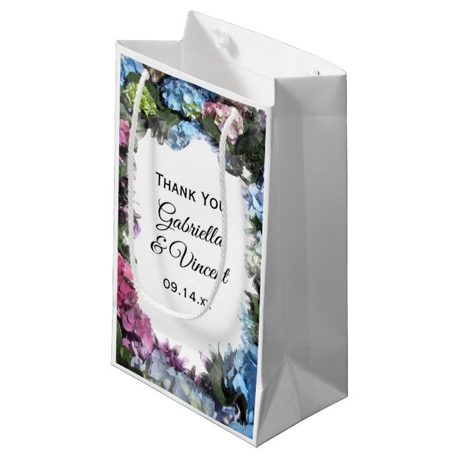 Petit Sac Cadeau Merci Mariage à cadre de fleurs Hydrangea (Devant Angle)