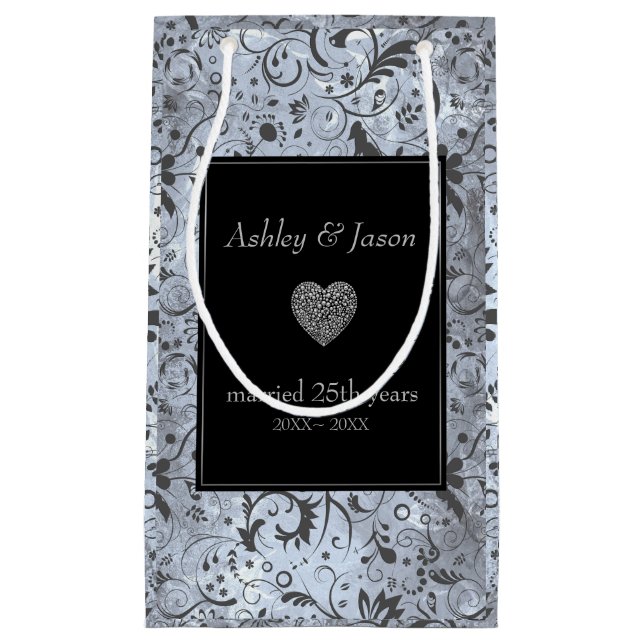 Petit Sac Cadeau Modèle de Damas florale gris (Devant)
