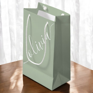 Petit Sac Cadeau Moderne Élégant Minimaliste Vert Sauge Script