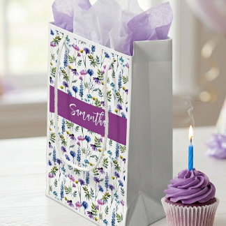 Petit Sac Cadeau Monogramme aquarelle de fleur sauvage violette