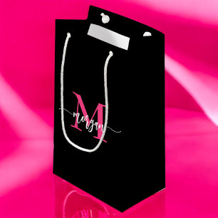 Petit Sac Cadeau Monogramme élégant moderne rose chaud noir