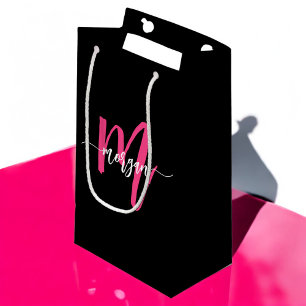 Petit Sac Cadeau Monogramme élégant moderne rose chaud noir