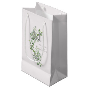 Petit Sac Cadeau Monogramme Eucalyptus rose pâle Mariage Bienvenue 