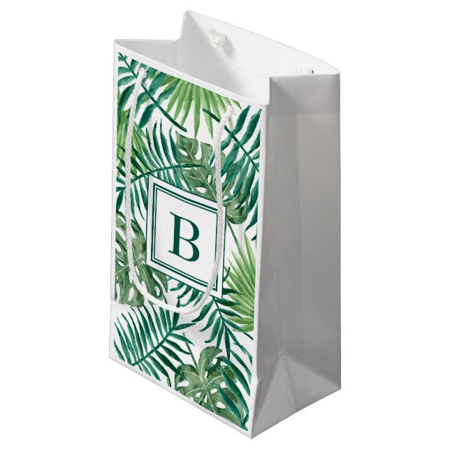 Petit Sac Cadeau Monogramme moderne Vert Palm Feuille (Devant Angle)