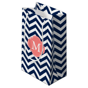 Petit Sac Cadeau Monogramme Motif de Zigzag bleu et corail