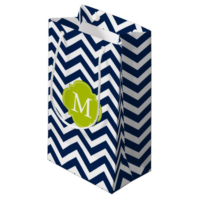 Petit Sac Cadeau Monogramme Motif de Zigzag bleu et vert (Devant Angle)