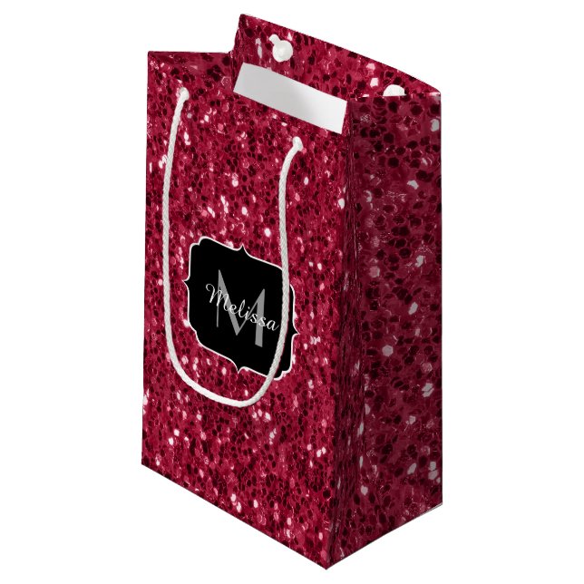 Petit Sac Cadeau Monogramme rose foncé magenta faux scintillants (Devant Angle)