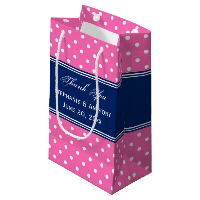 Petit Sac Cadeau MonogrammeRose chaud, Pointe Polka blanche avec Bl (Devant Angle)