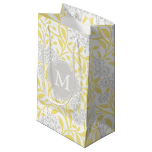 Petit Sac Cadeau Motif de Damas florales de gris jaune monogramme