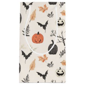 Petit Sac Cadeau Motif d'Halloween avec citrouilles et oiseaux.