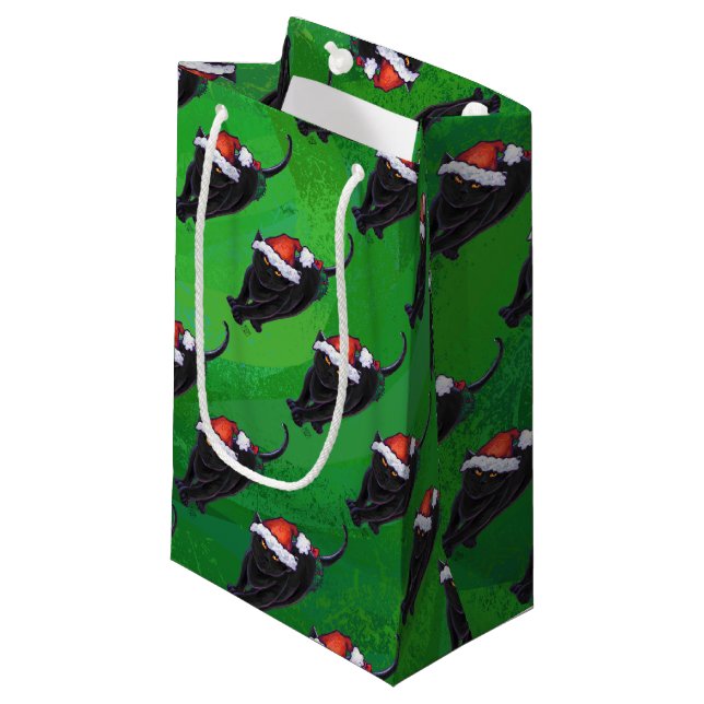 Petit Sac Cadeau Motif Festif de chat noir sur vert (Devant Angle)