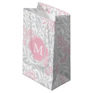 Petit Sac Cadeau Motif floral rose et gris décoré d'un monogramme