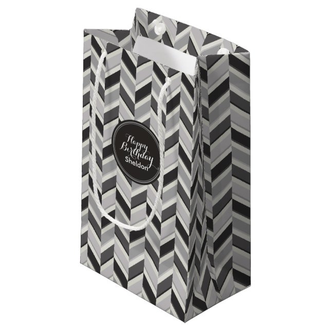 Petit Sac Cadeau Motif géométrique chevron gris moderne monogramme (Devant Angle)