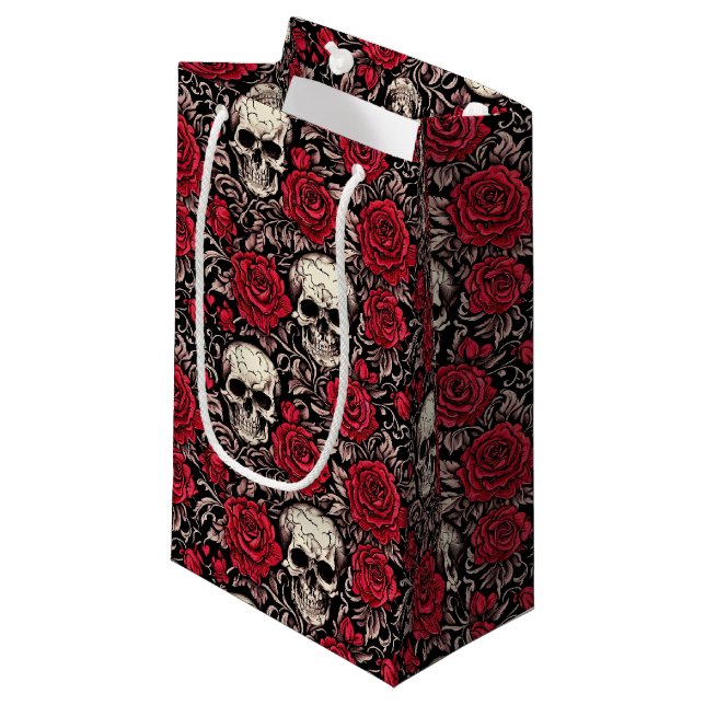Petit Sac Cadeau Motif gothique crâne et roses rouges (Devant Angle)