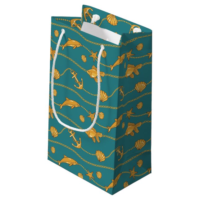 Petit Sac Cadeau Motif nautique d'or (Dos Angle)